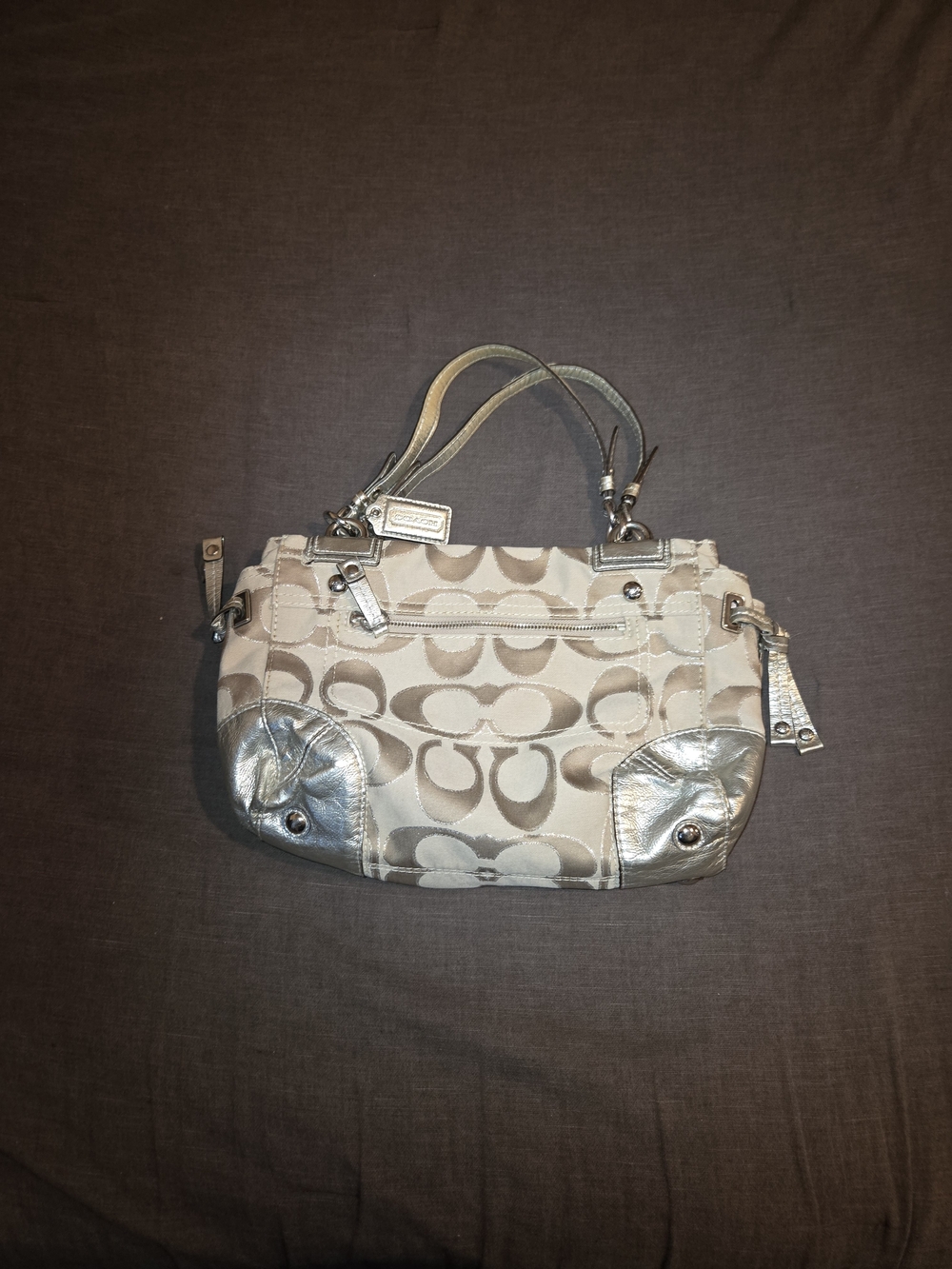 Coach Signature Canvas Tote Bag Beige & Silver Metallic Shoulder Purse - Picture 2 of 10